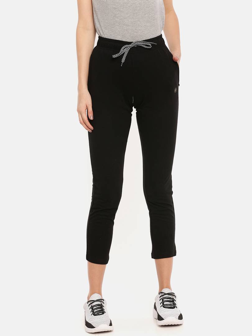 Elegant Black Cotton Self Pattern Track Pant For Women