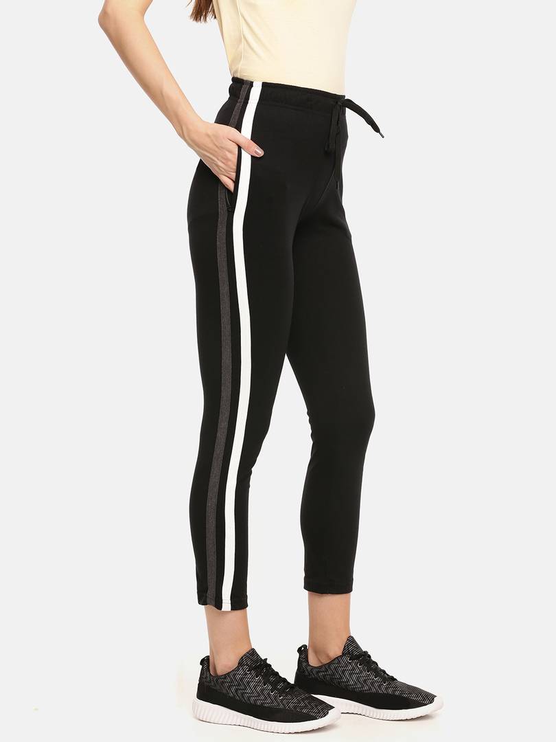 Elegant Black Cotton Striped Track Pant For Women