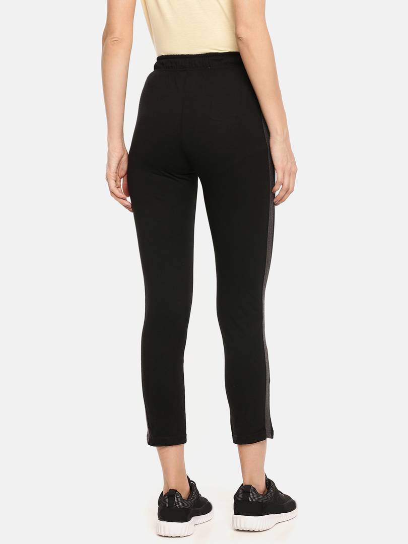 Elegant Black Cotton Striped Track Pant For Women