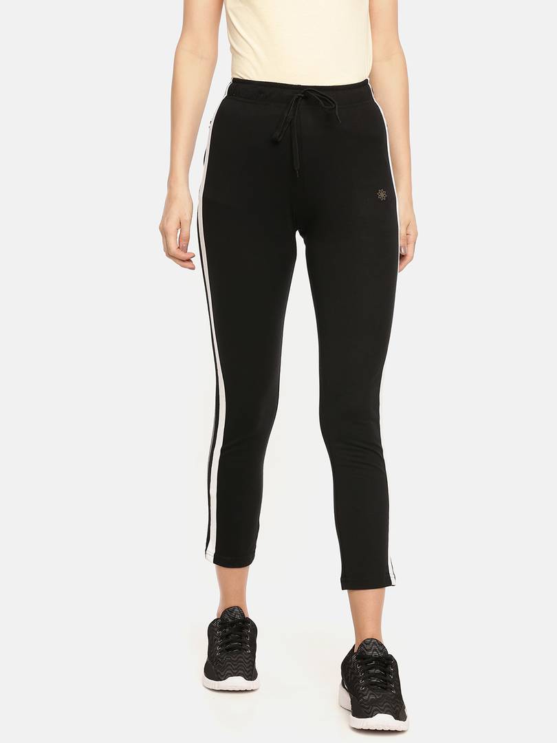 Elegant Black Cotton Striped Track Pant For Women