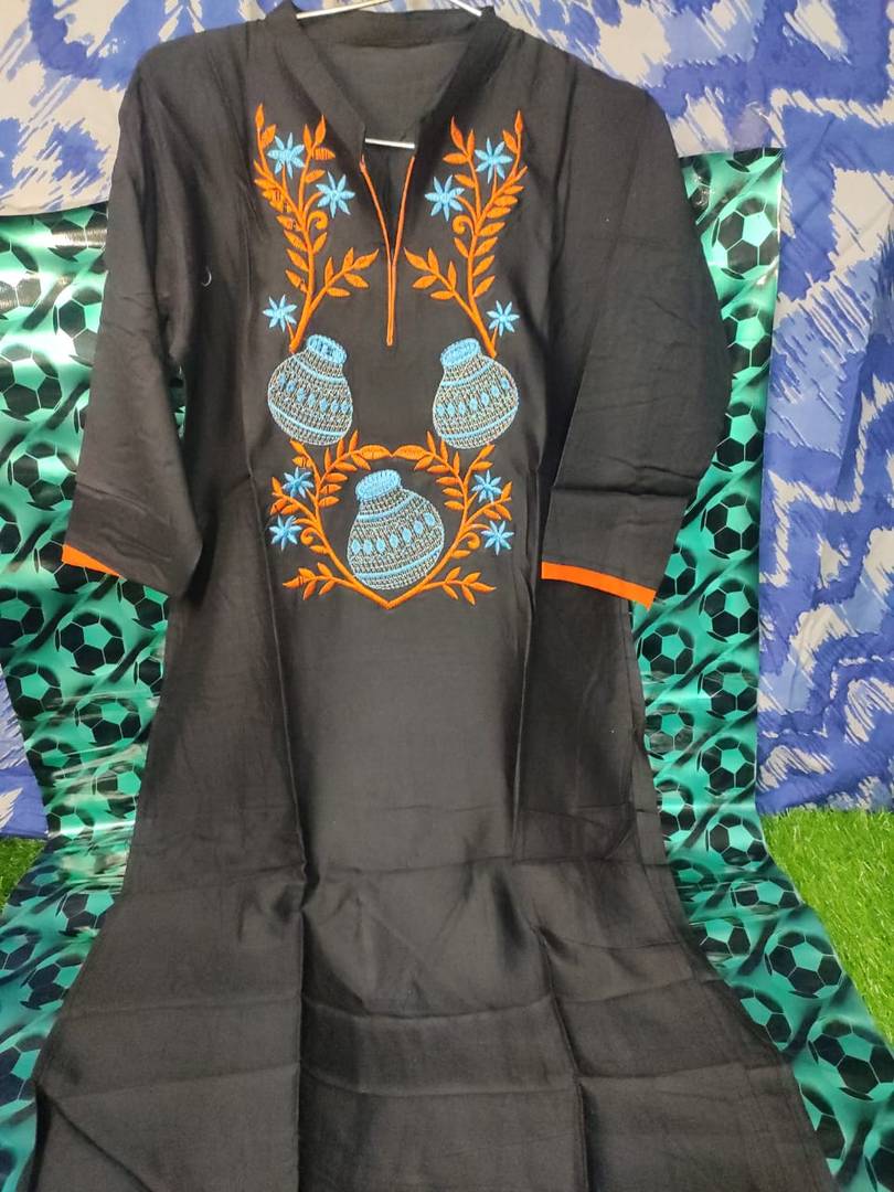 Stylish Rayon Black Embroidered 3/4 Sleeves Straight Kurta For Women