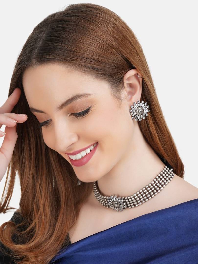 Elegant Alloy Oxideised Silver Choker And Earring Set - Jewellery Set