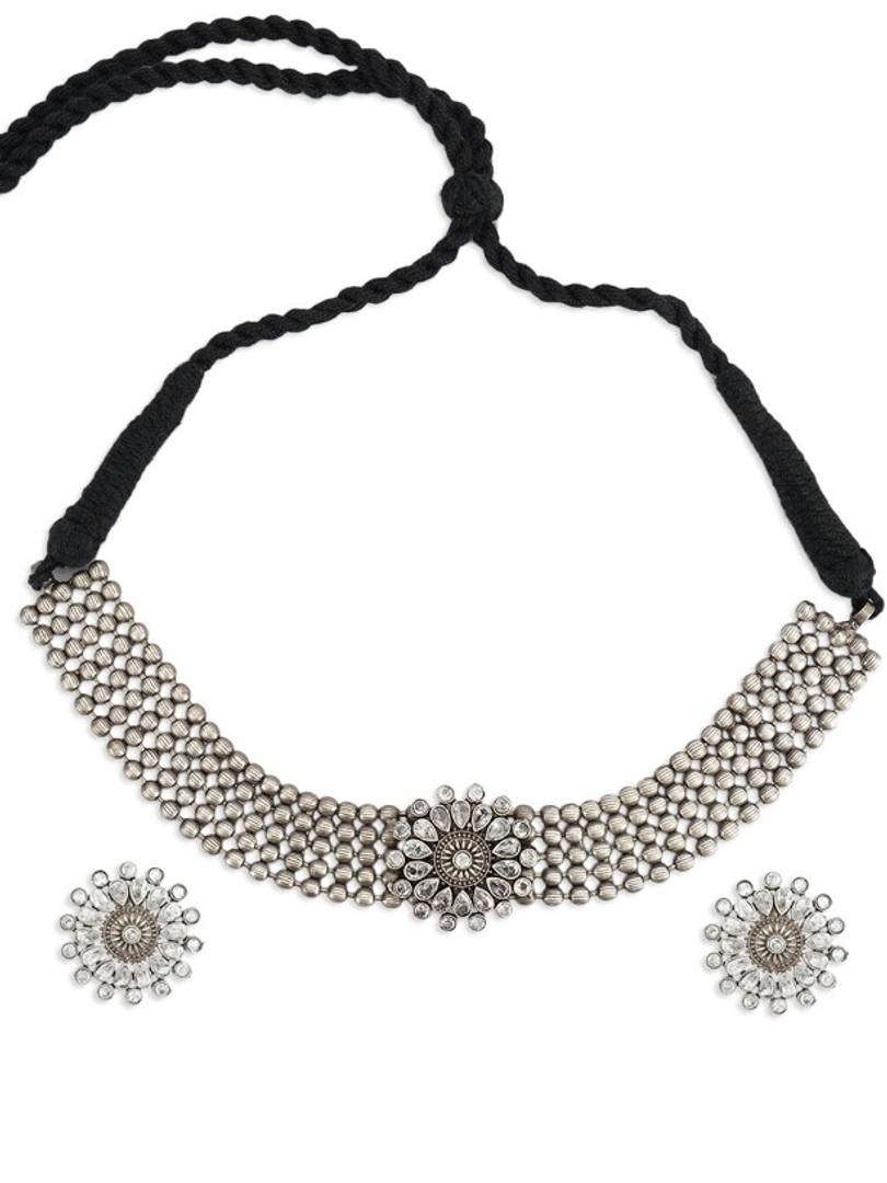 Elegant Alloy Oxideised Silver Choker And Earring Set - Jewellery Set