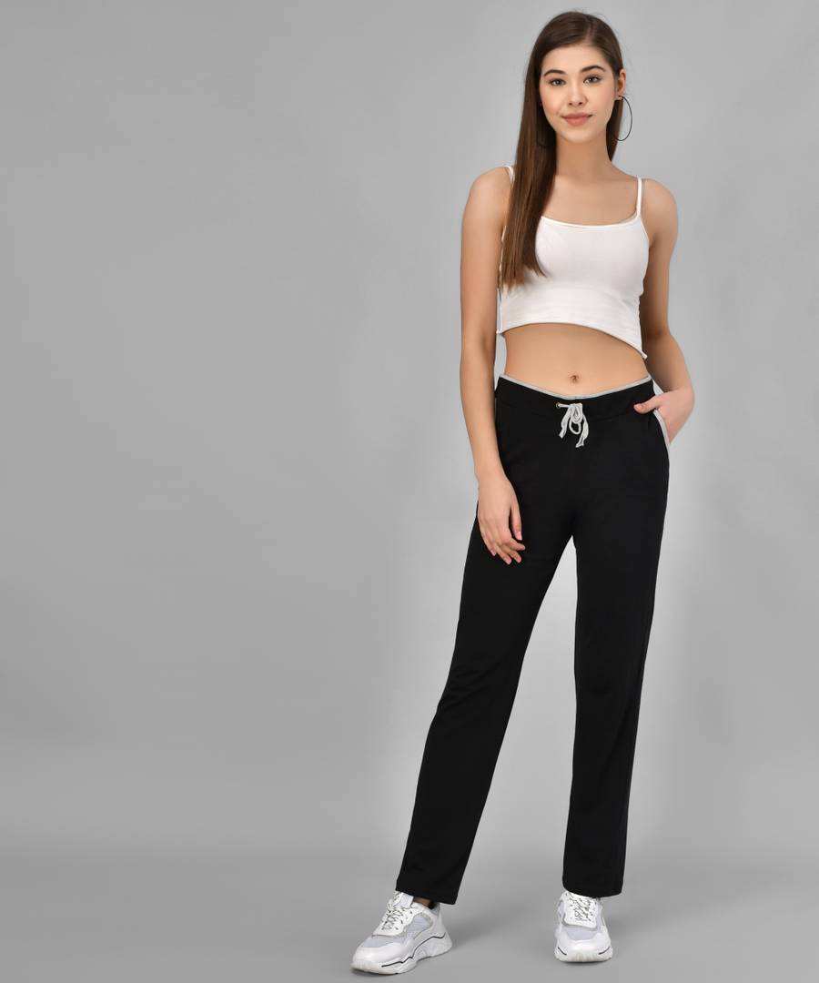 Stylish Cotton Blend Black Solid Track Pant For Women