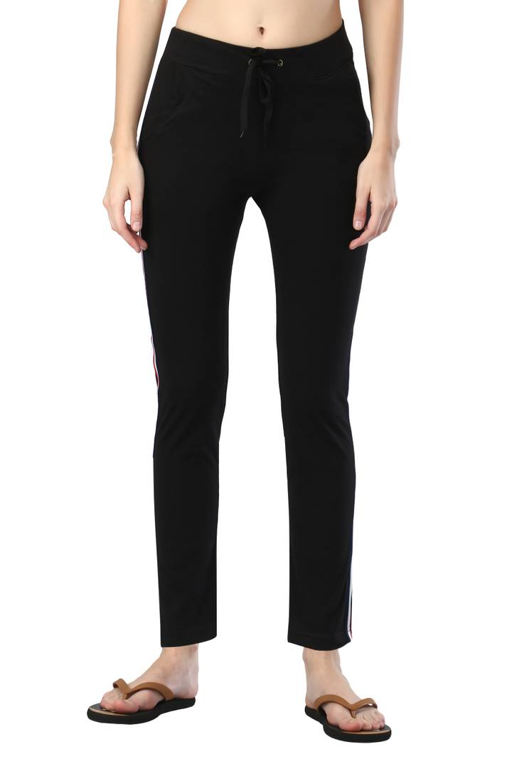 Stylish Cotton Black Striped Track Pant For Women