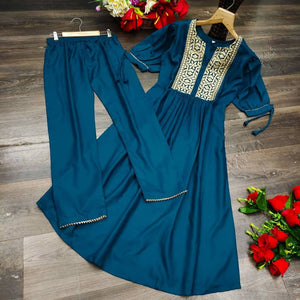 Reliable Blue Magic Cotton Embroidered Kurta With Pant Set For Women