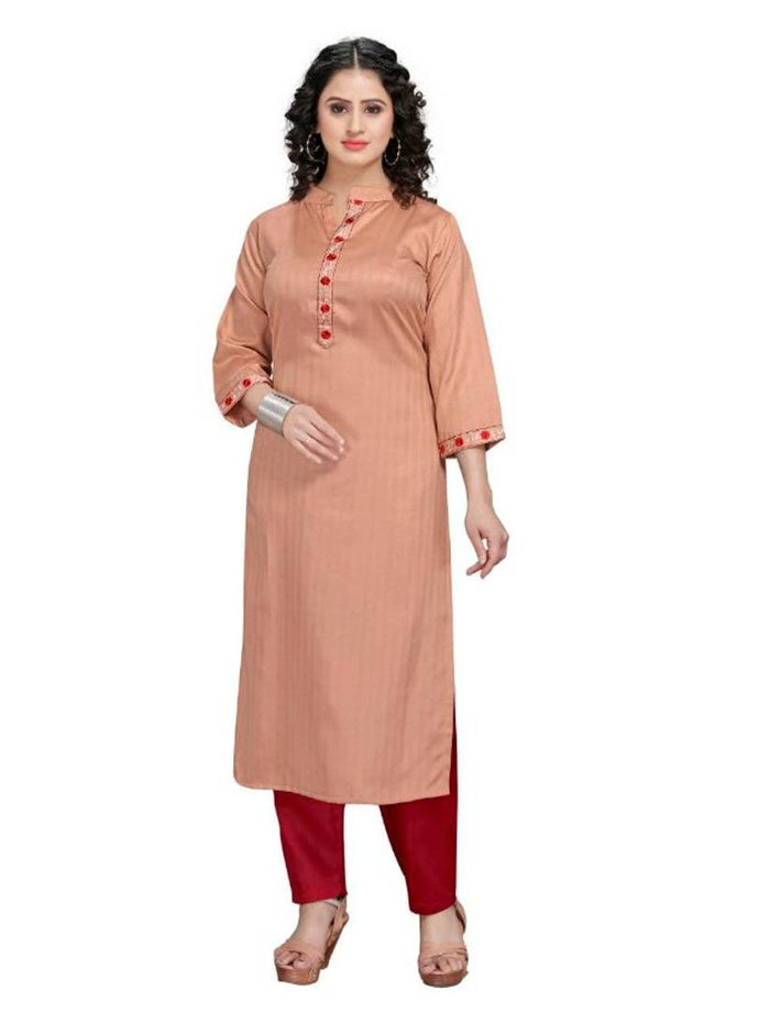 Reliable Khaki Cotton Linen Embroidered Kurta With Pant Set For Women