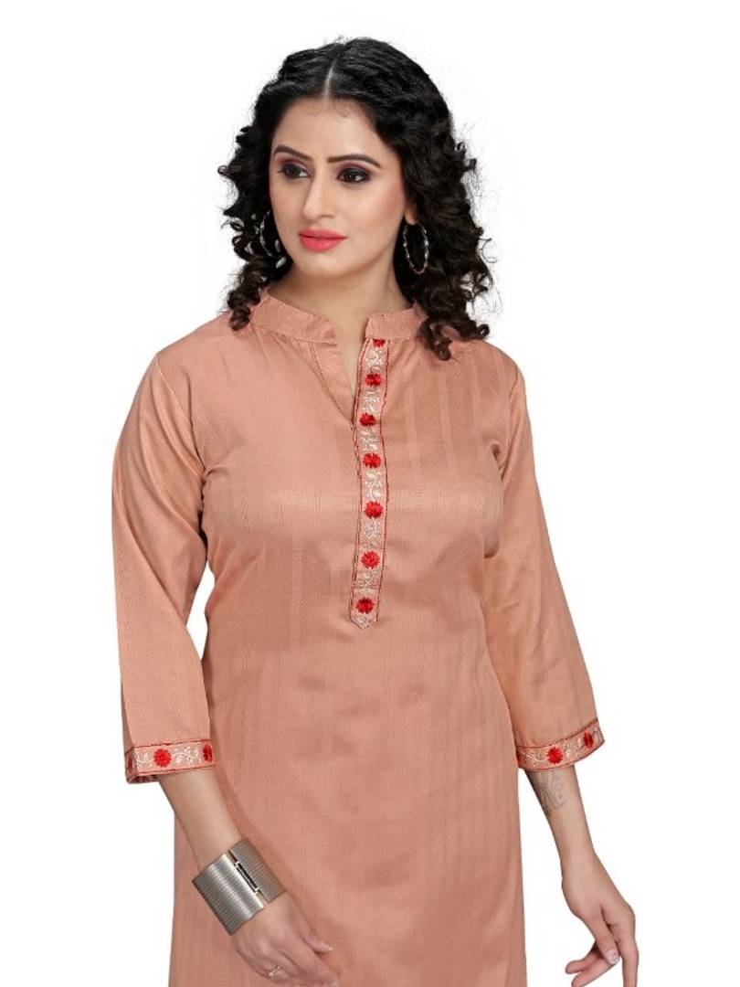 Reliable Khaki Cotton Linen Embroidered Kurta With Pant Set For Women