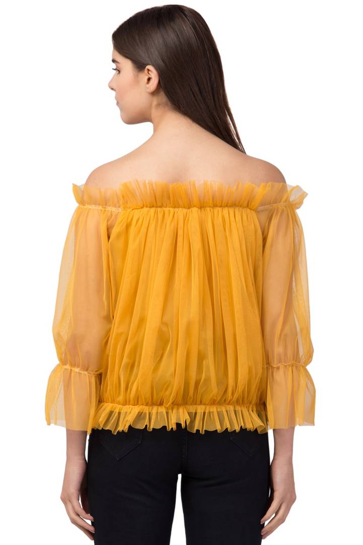 Women Ruffle Net Mustard  Top