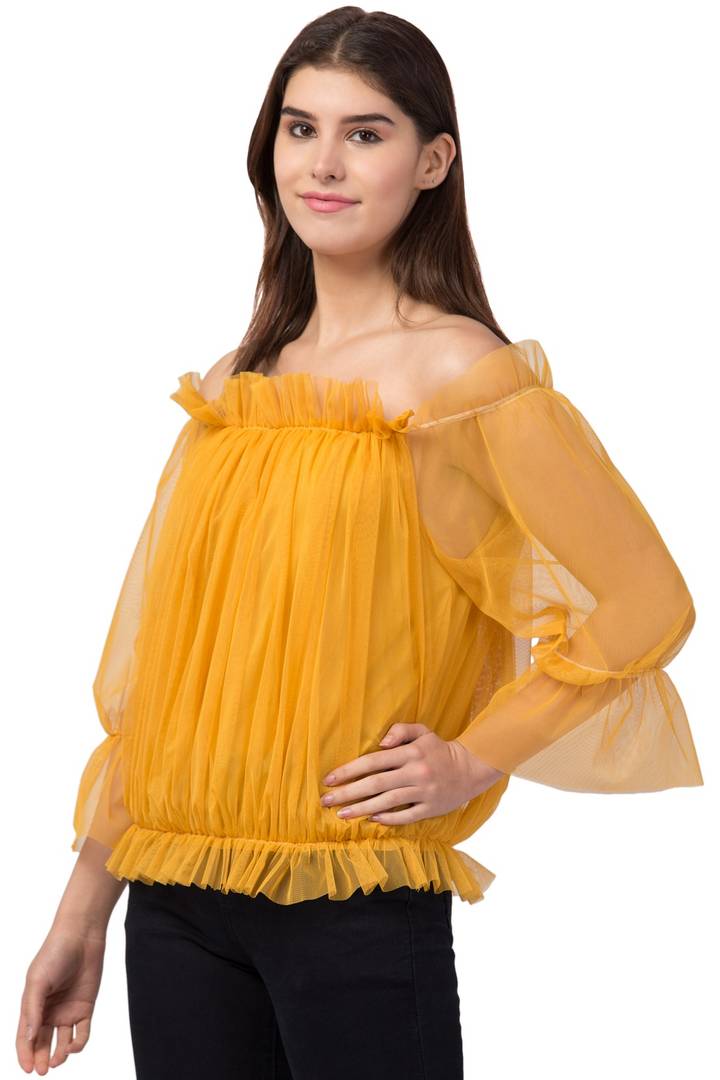 Women Ruffle Net Mustard  Top