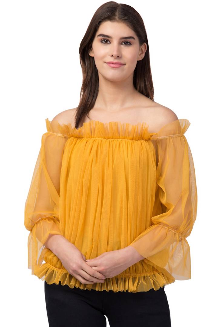 Women Ruffle Net Mustard  Top