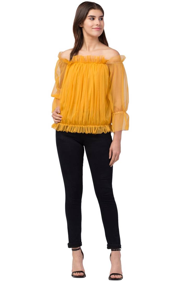 Women Ruffle Net Mustard  Top