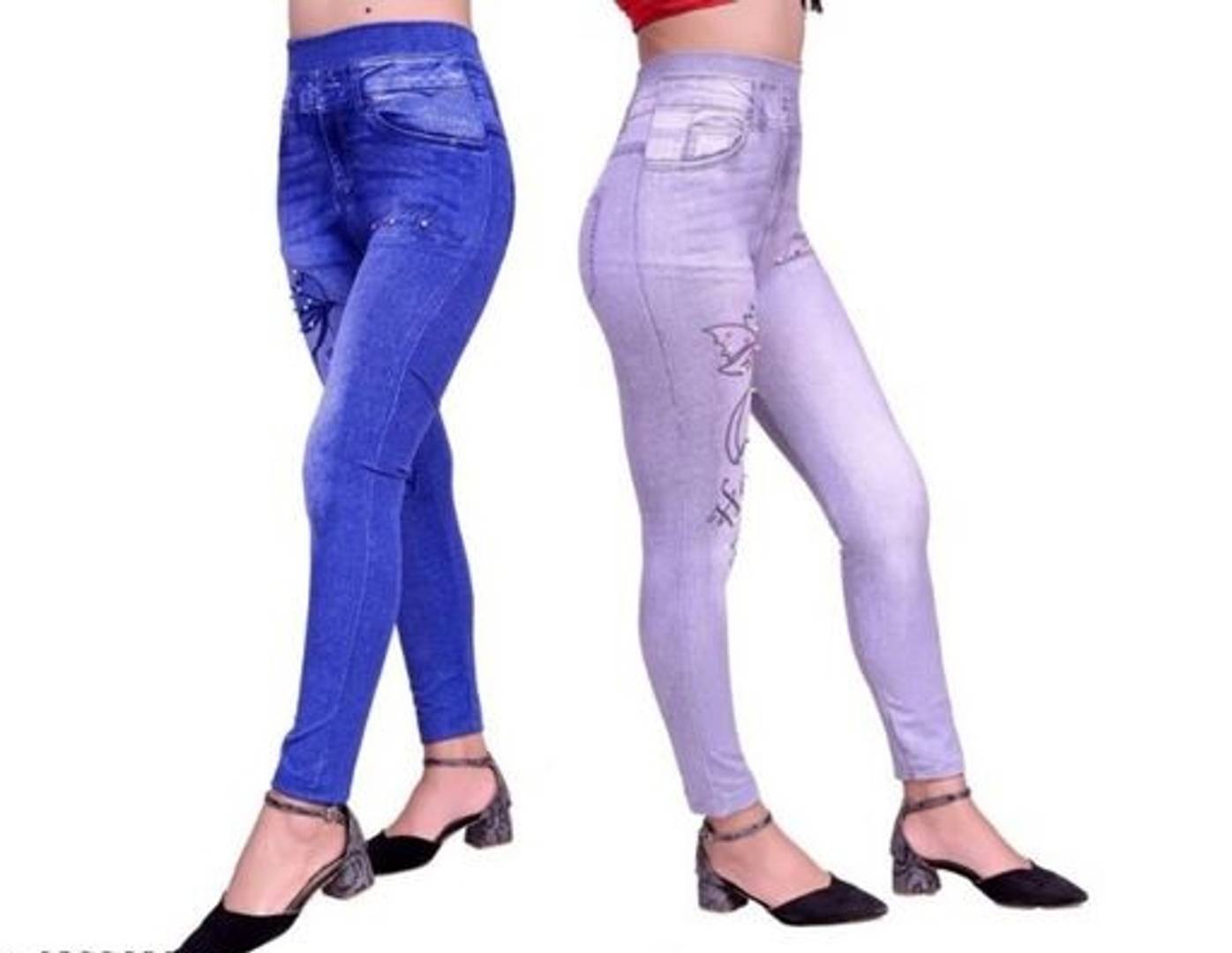 Stylish Cotton Blend Self Design Jeggings For Women- 2 Pieces