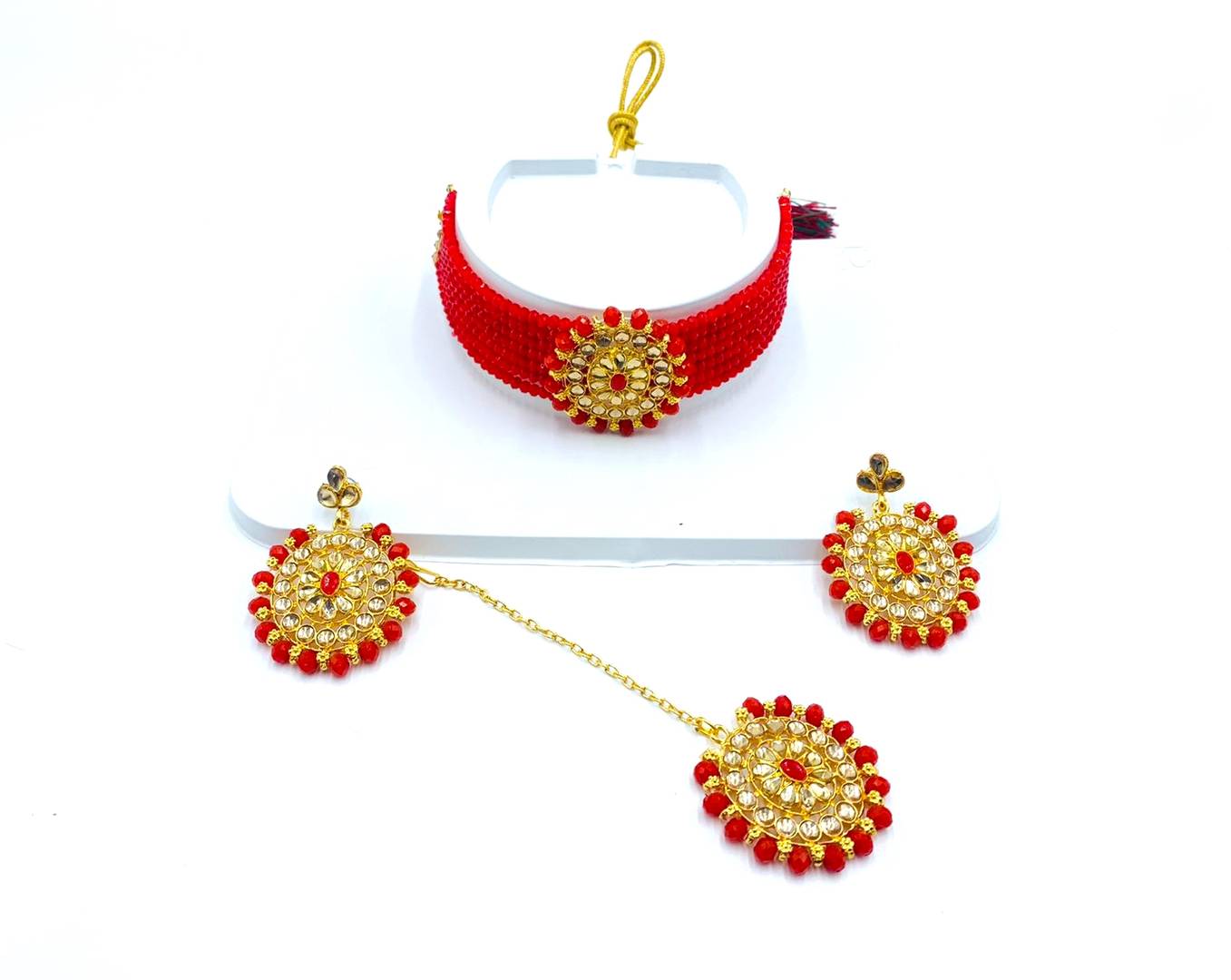 Stylish Red Alloy American Diamond Jewellery Set For Women