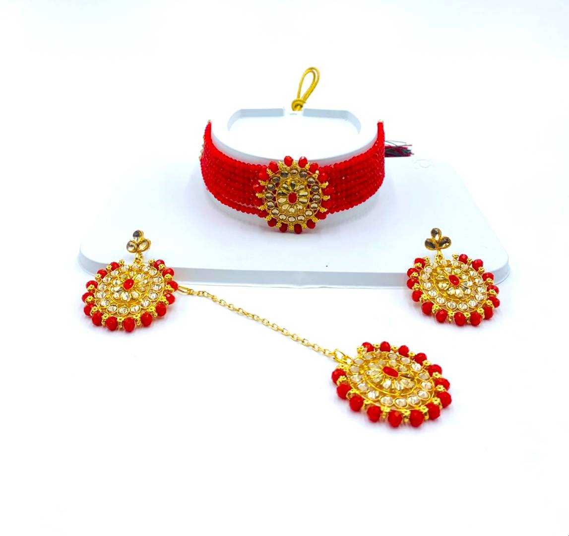 Stylish Red Alloy American Diamond Jewellery Set For Women