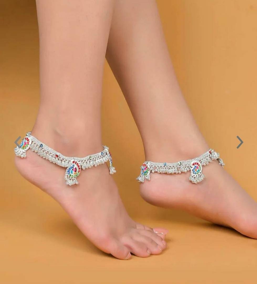 Silver Plateed Antique Designer Anklet With Multicolor Stone