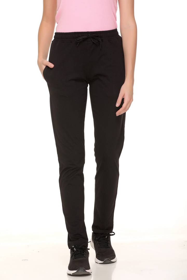Stylish Black Cotton Solid Track Pant For Women