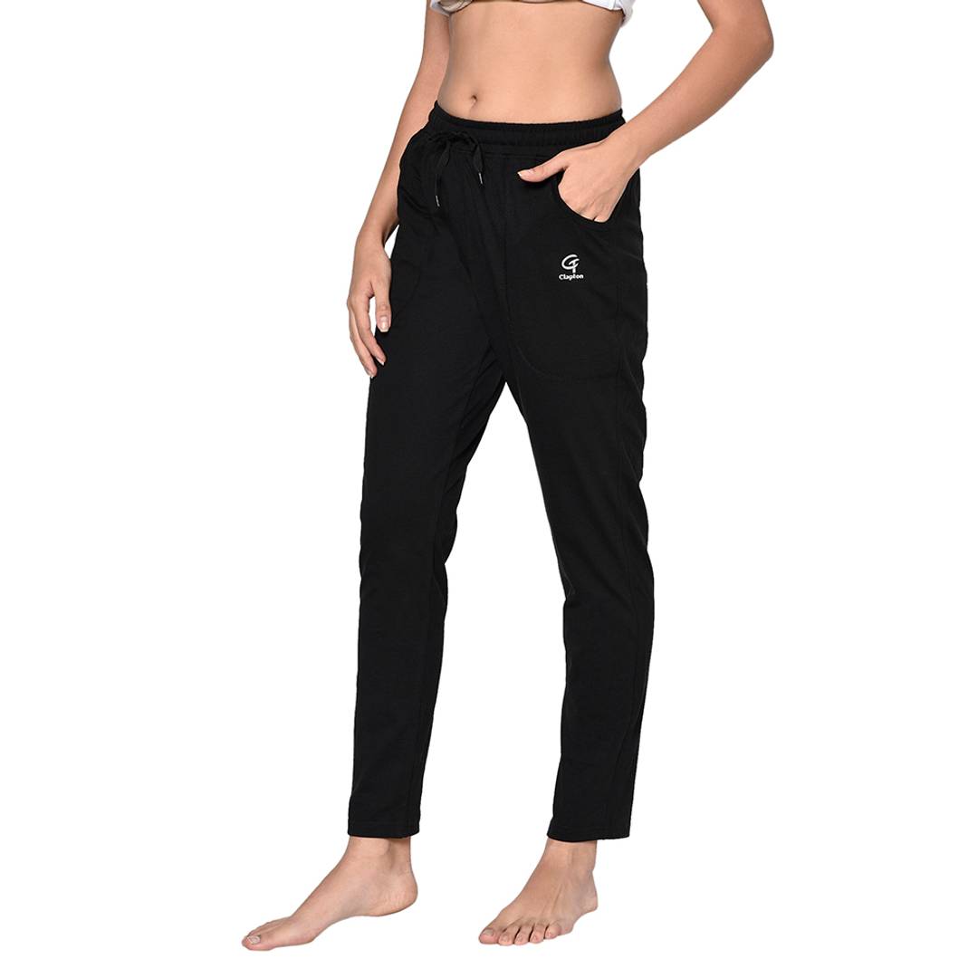 Stylish Black Cotton Solid Track Pant For Women