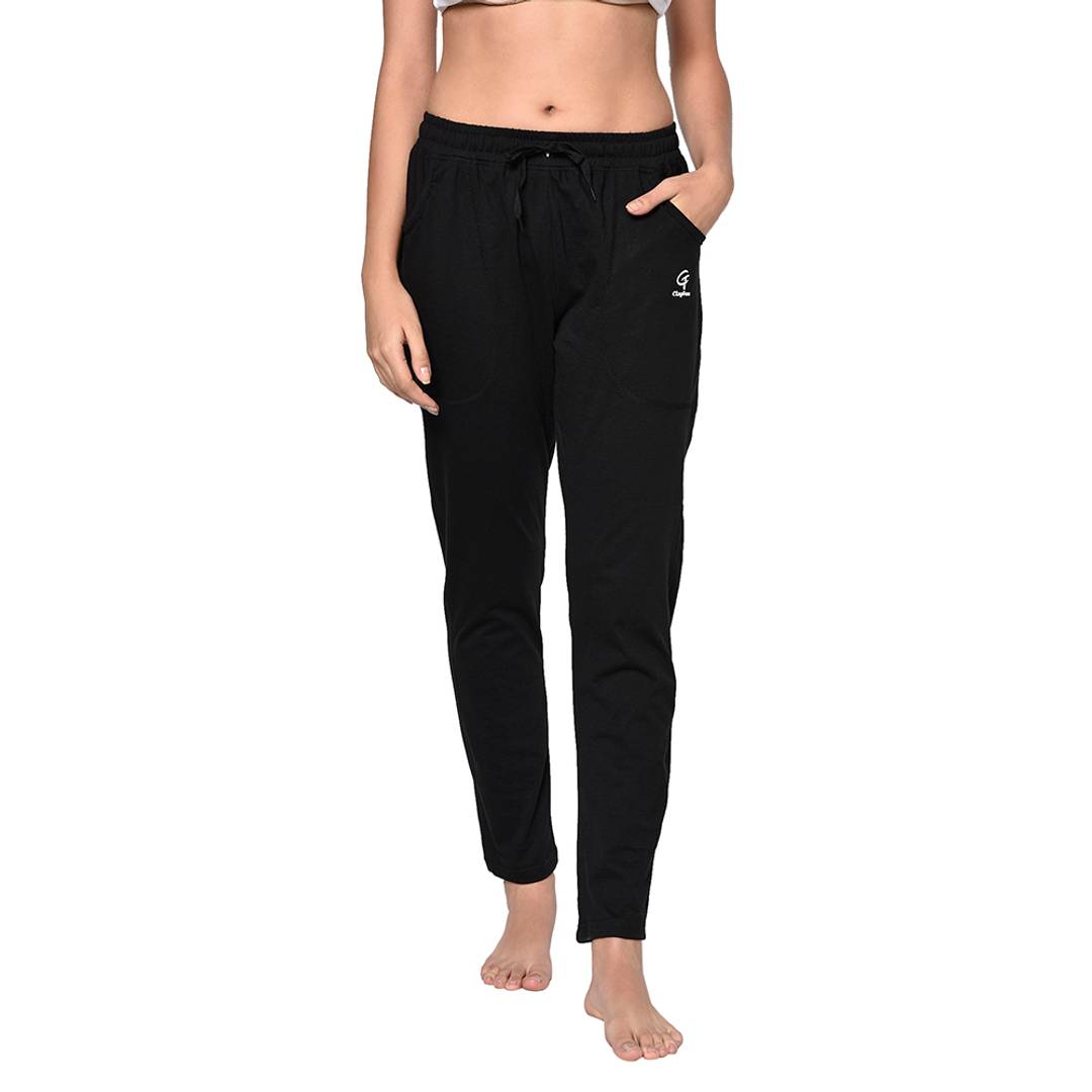 Stylish Black Cotton Solid Track Pant For Women