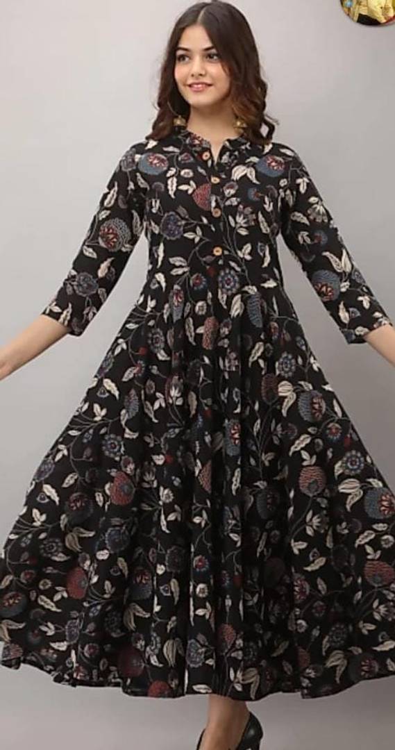 Stylish Rayon Black Mandarin Collar 3/4 Sleeves Floral Print Long Kurta For Women