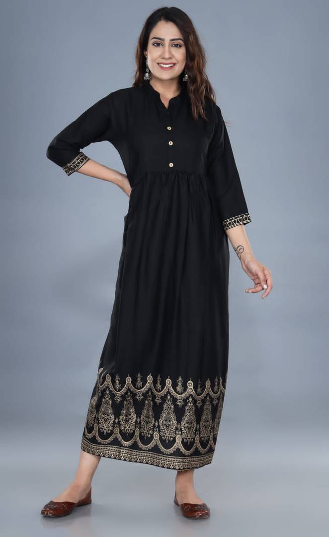 Stylish Rayon Black Printed 3/4 Sleeves Mandarin Collar Kurta For Women