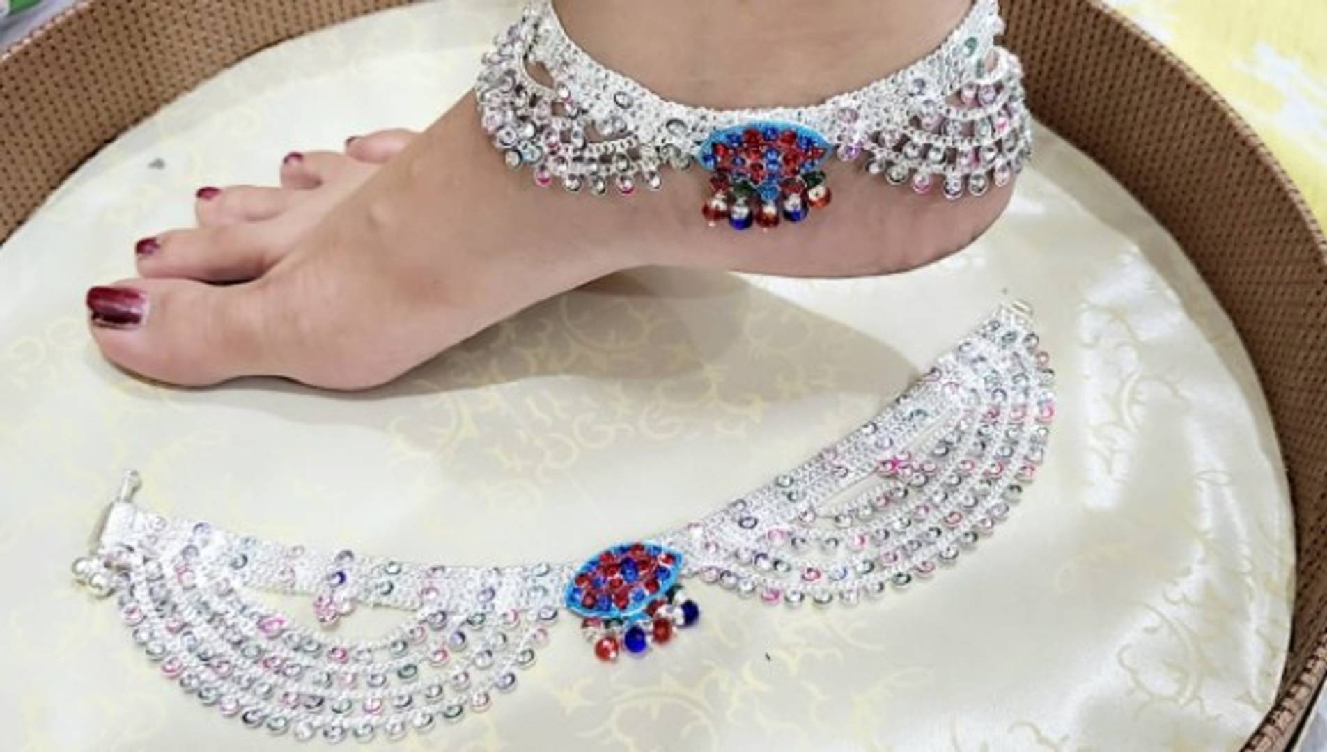 Pure German Silver Anklet With Multicolor Stone
