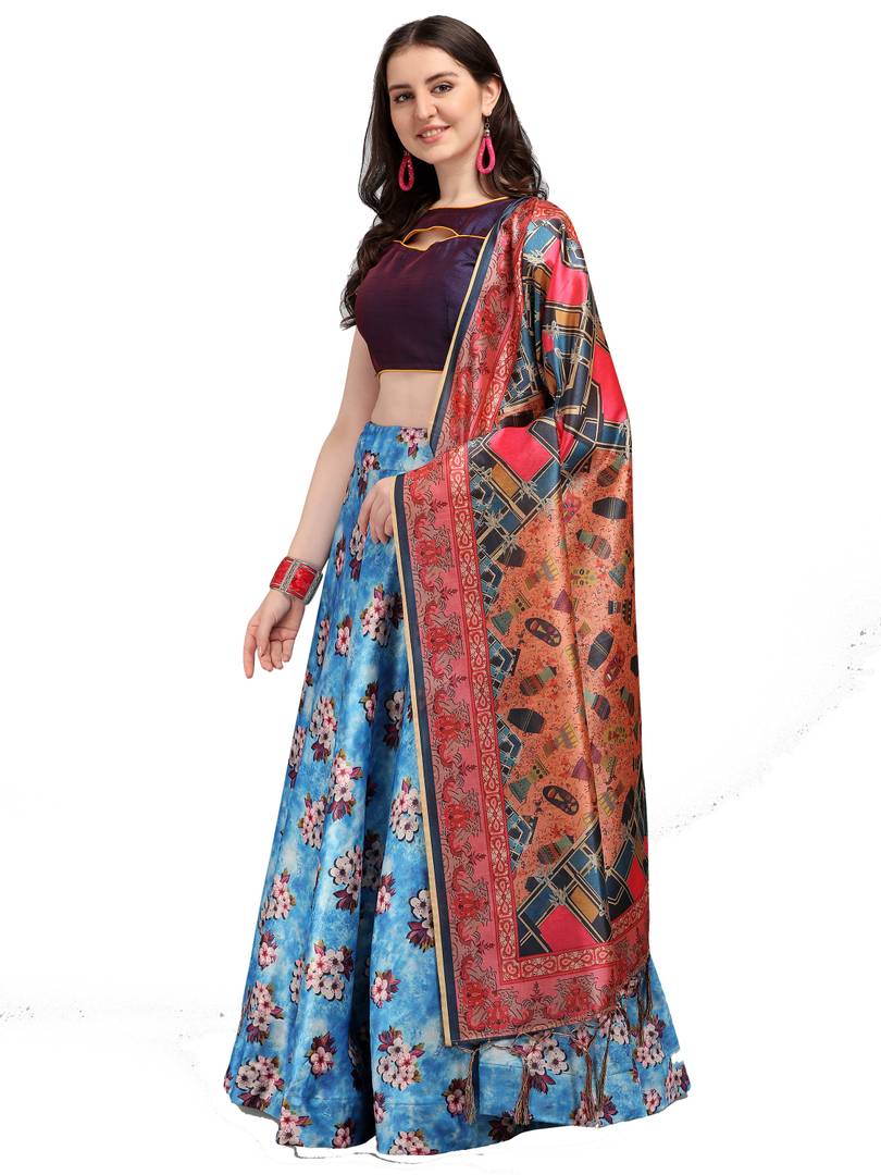 Elegant Blue Woven Design Satin Semi-Stitched Lehenga Choli with Dupatta For Women