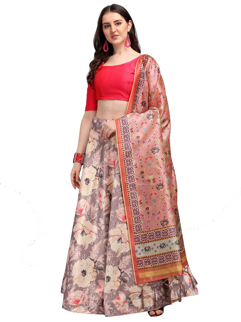 Elegant Grey Woven Design Satin Semi-Stitched Lehenga Choli with Dupatta For Women