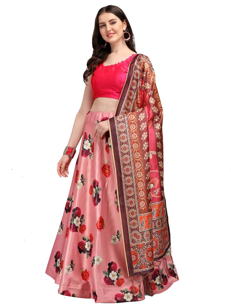 Elegant Pink Woven Design Satin Semi-Stitched Lehenga Choli with Dupatta For Women