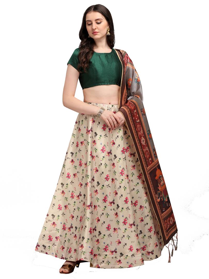 Elegant Beige Woven Design Satin Semi-Stitched Lehenga Choli with Dupatta For Women