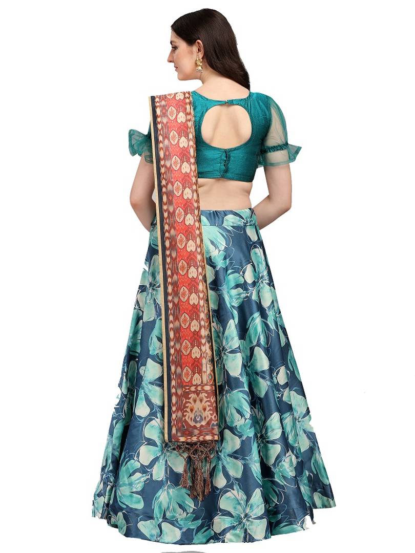 Elegant Blue Woven Design Satin Semi-Stitched Lehenga Choli with Dupatta For Women