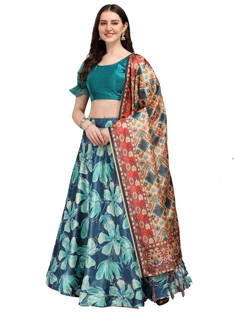 Elegant Blue Woven Design Satin Semi-Stitched Lehenga Choli with Dupatta For Women