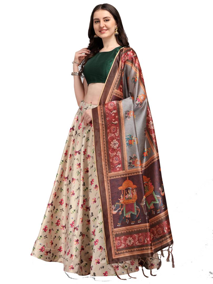 Elegant Beige Woven Design Satin Semi-Stitched Lehenga Choli with Dupatta For Women
