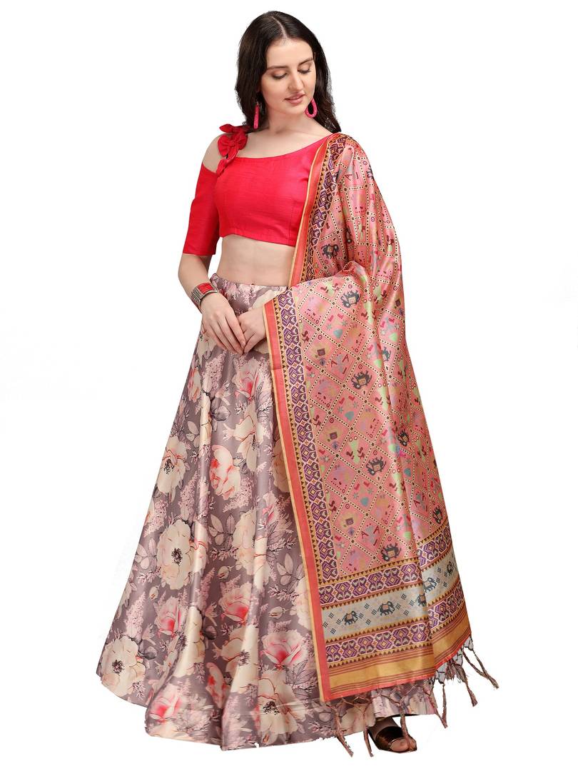 Elegant Grey Woven Design Satin Semi-Stitched Lehenga Choli with Dupatta For Women