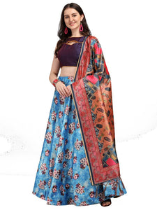 Elegant Blue Woven Design Satin Semi-Stitched Lehenga Choli with Dupatta For Women