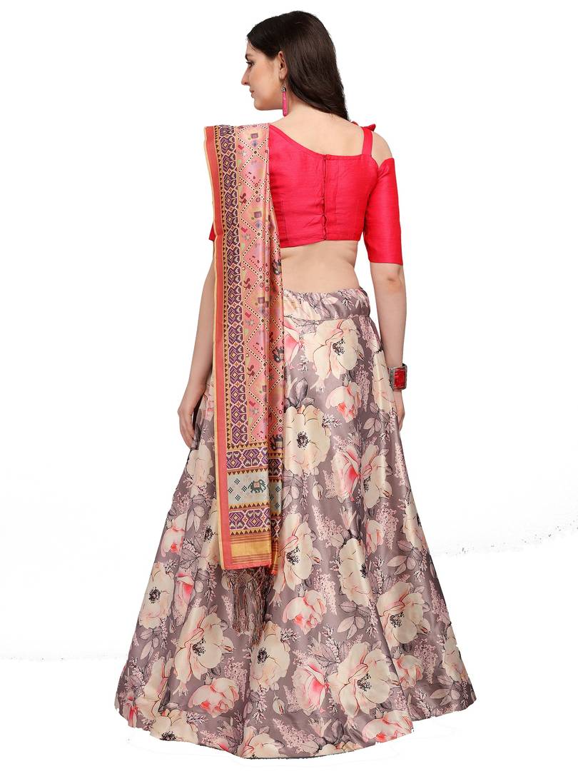 Elegant Grey Woven Design Satin Semi-Stitched Lehenga Choli with Dupatta For Women