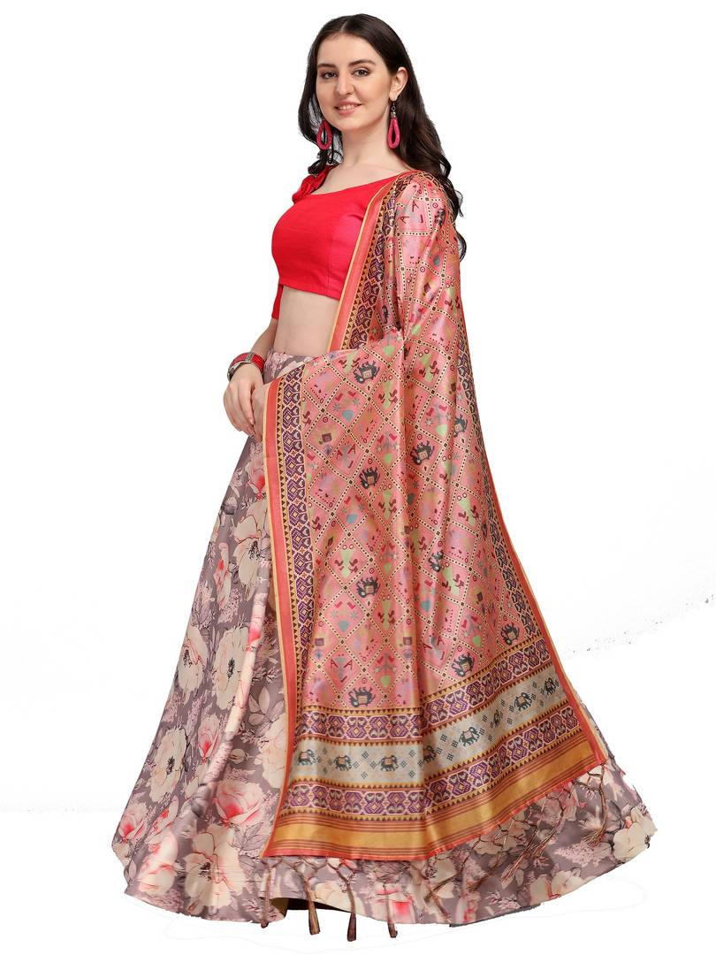 Elegant Grey Woven Design Satin Semi-Stitched Lehenga Choli with Dupatta For Women