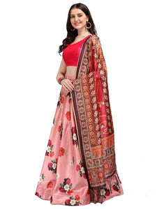 Elegant Pink Woven Design Satin Semi-Stitched Lehenga Choli with Dupatta For Women