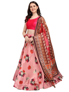 Elegant Pink Woven Design Satin Semi-Stitched Lehenga Choli with Dupatta For Women