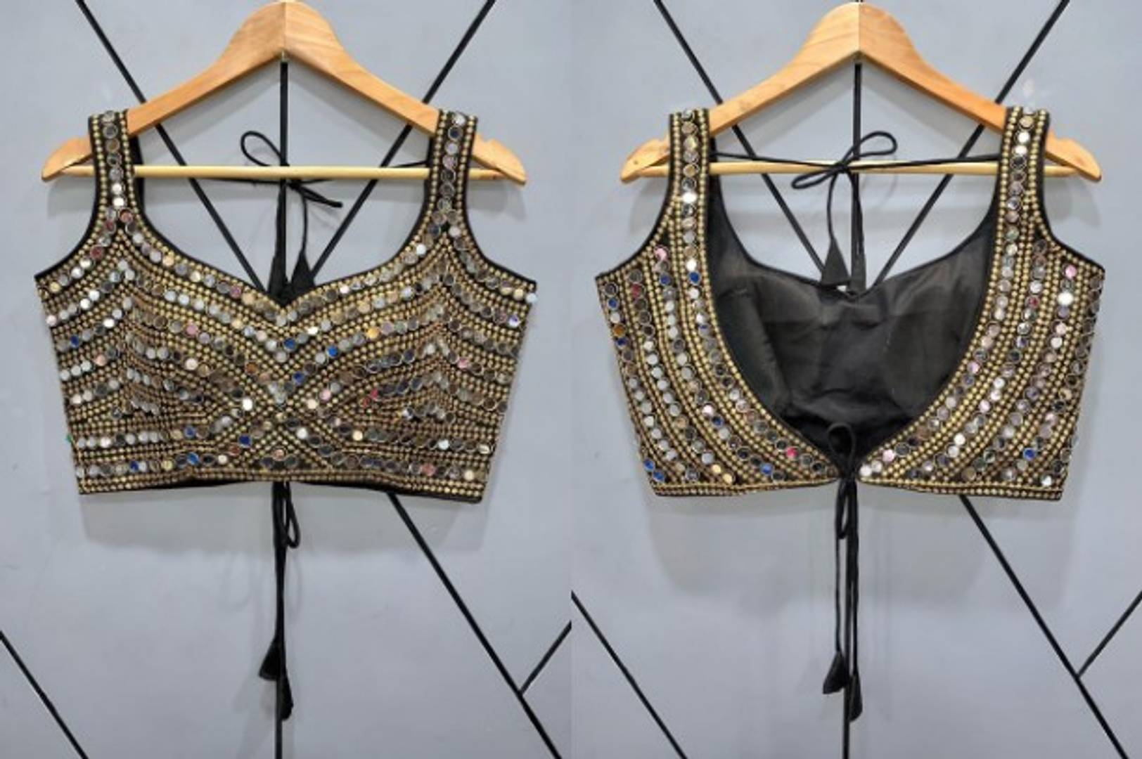 Embroidered V-NECK FREE SIZE READYMADE ADJUSTABLE BLOUSE WITH ZARI AND ALLOVER MIRROR WORK