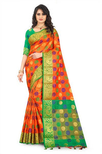 Stylish Jacquard Printed Pure Cotton Silk Sarees With Blouse Piece For Women