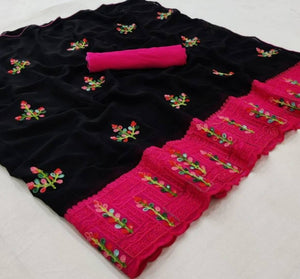 Stylish Georgette With All Over Work And Embellished Border Printed Sarees With Blouse Piece For Women