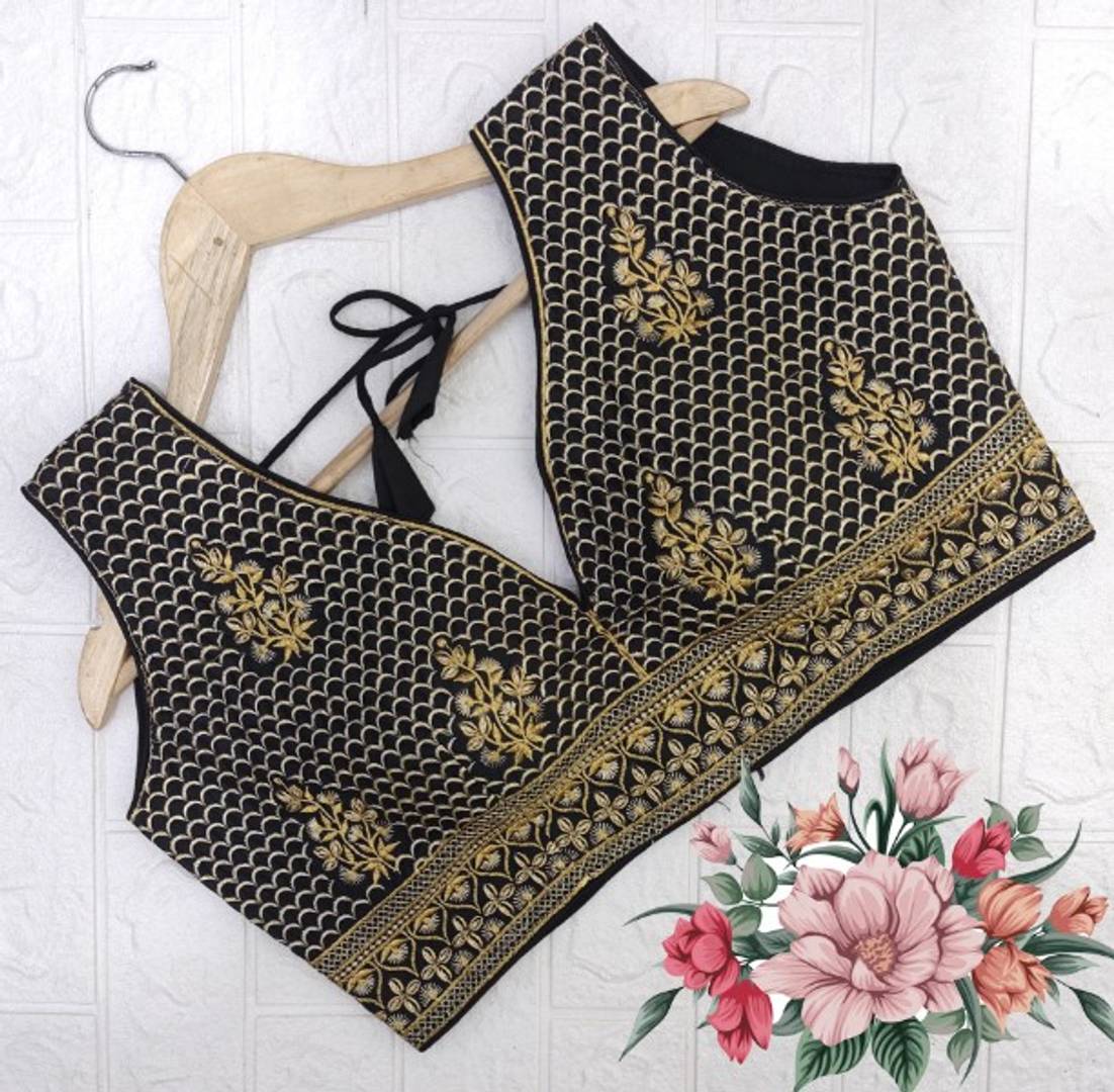 Satin Embroidery Work Sequinned Pattern V Neck Sari Blouse