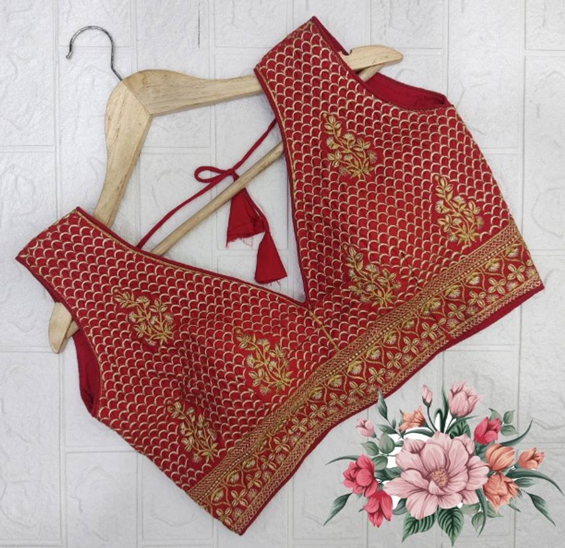 Satin Embroidery Work Sequinned Pattern V Neck Sari Blouse