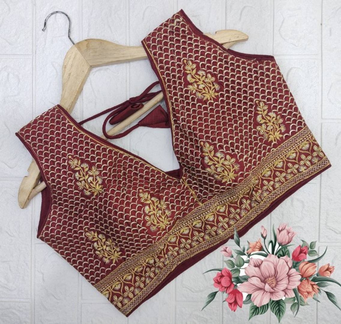 Satin Embroidery Work Sequinned Pattern V Neck Sari Blouse