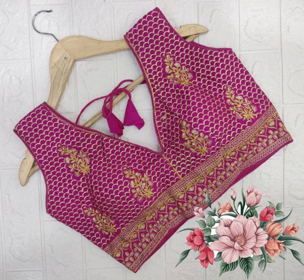 Satin Embroidery Work Sequinned Pattern V Neck Sari Blouse