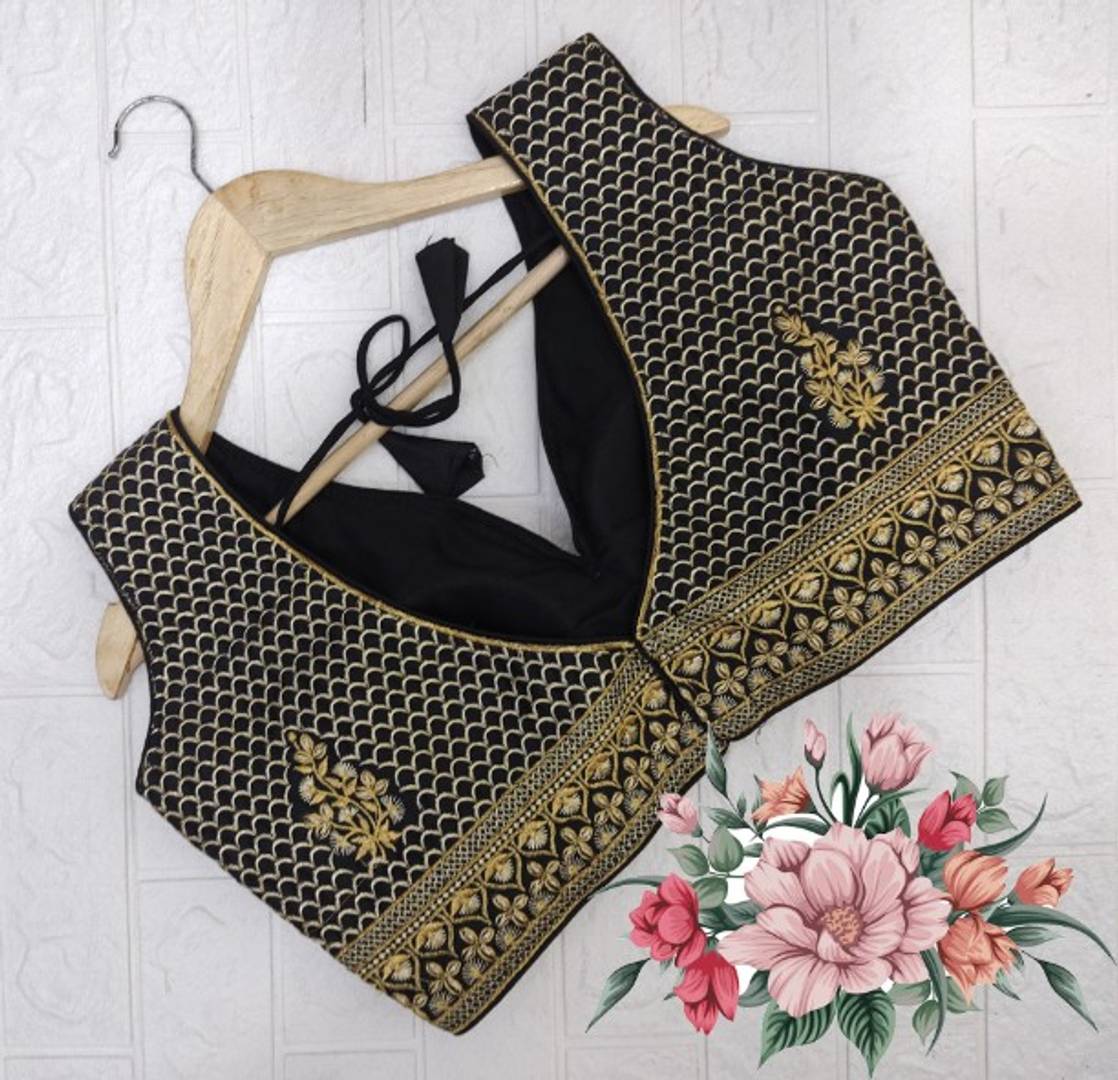 Satin Embroidery Work Sequinned Pattern V Neck Sari Blouse