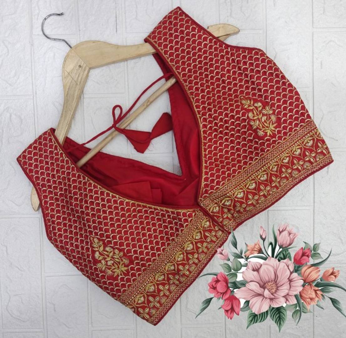 Satin Embroidery Work Sequinned Pattern V Neck Sari Blouse