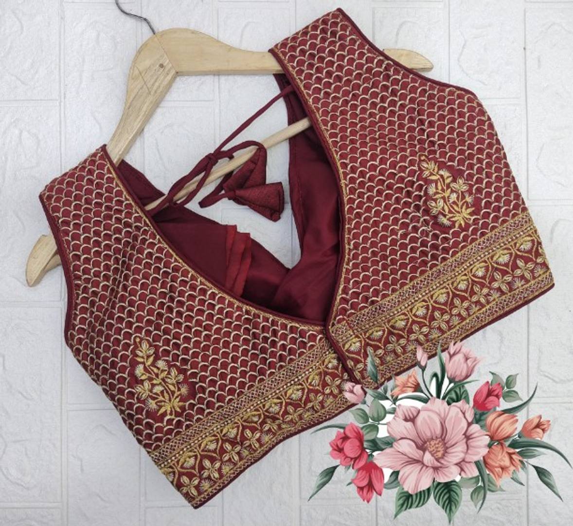 Satin Embroidery Work Sequinned Pattern V Neck Sari Blouse