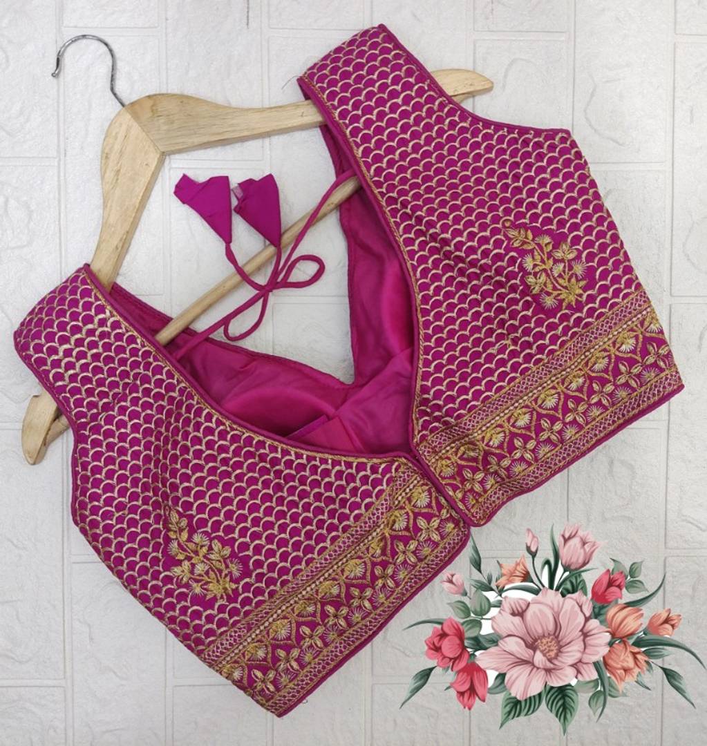 Satin Embroidery Work Sequinned Pattern V Neck Sari Blouse